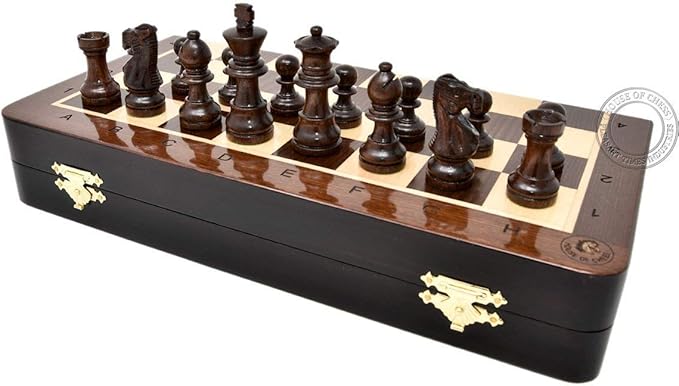 House of Chess - 12 Inches Wooden Magnetic Folding Travel Chess Set/Board - 2 Extra Knights, 2 Extra Pawns, 2 Extra Queens & Algebraic Notation - Handmade - Premium Quality