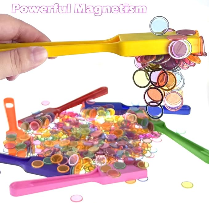 Magnetic Bingo Chips Set - 7 Colors Magnetic Wands with 700 Metal Tokens for Family Lotto Game, Sensory Bins, Counting and Sorting, Class Math Letters Written, Science& Educational Activities