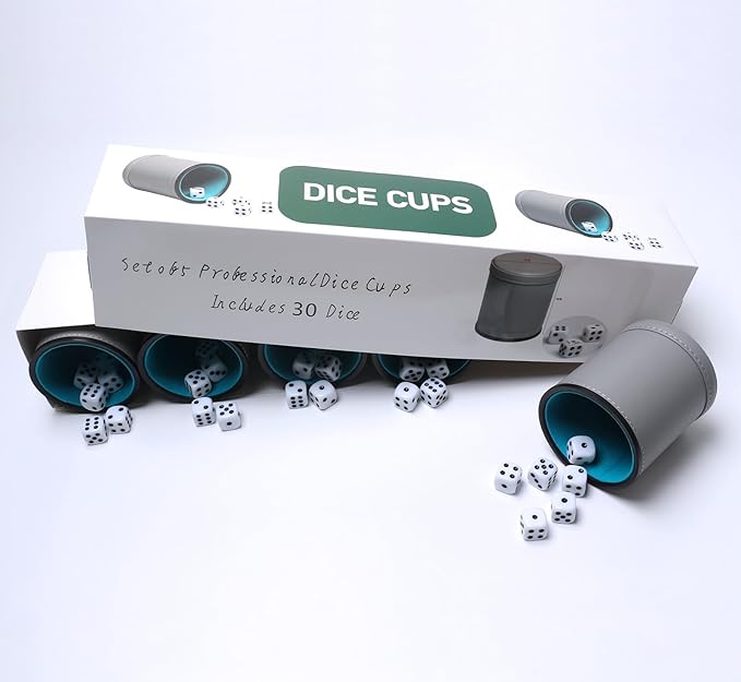 5 Pack PU Leather Dice Cups Felt Lining Quiet Shaker with 30 Dot Dice for Bar Party Yahtzee Farkle Dice Games, Grey