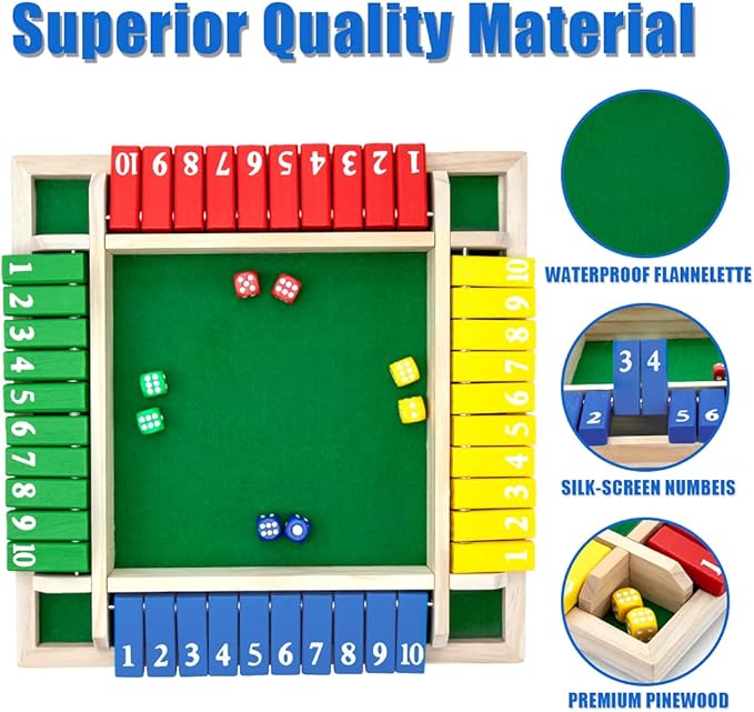 Shut The Box Game, 12 Inches Family Wooden Board Table Math Dice Games for Adults and Kids, 2-4 Player Classics Tabletop Version Games for Classroom,Home,Party or Pub