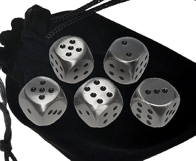 Set of (5) Solid Zinc Alloy Metal Polished Finish 16mm Dice, Rounded Corners with Black Velvet Cloth Pouch