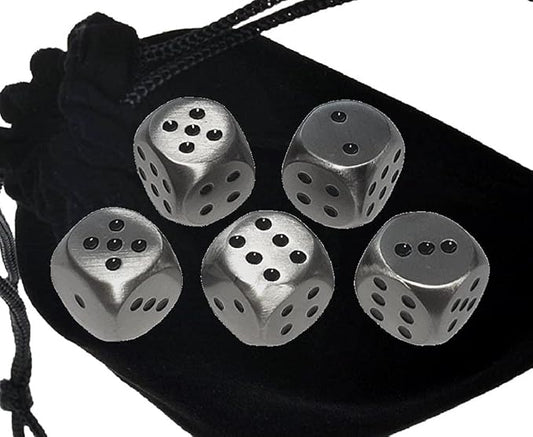 Set of (5) Solid Zinc Alloy Metal Polished Finish 16mm Dice, Rounded Corners with Black Velvet Cloth Pouch