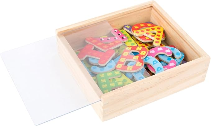 Wooden Toys, Colorful Wooden Magnetic Letters in A Travel Box 37 Piece for Learning The Alphabet & Spelling First Words Educational Toy Designed for Ages 3+, Multi, Standard Size