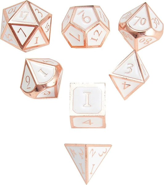 MIYUDAIS Polyhedral Metal Game Dice Rose Gold White 7pc Set for Dungeons and Dragons RPG MTG Table Games D&D Pathfinder Shadowrun