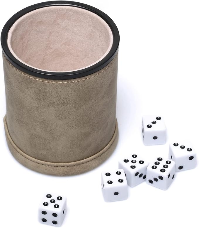 Brown Suede Faux Leather Dice Cup Set, Felt Lined PU Leather Dice Shaker with 6 Dice for Liars Farkle Yahtzee Game