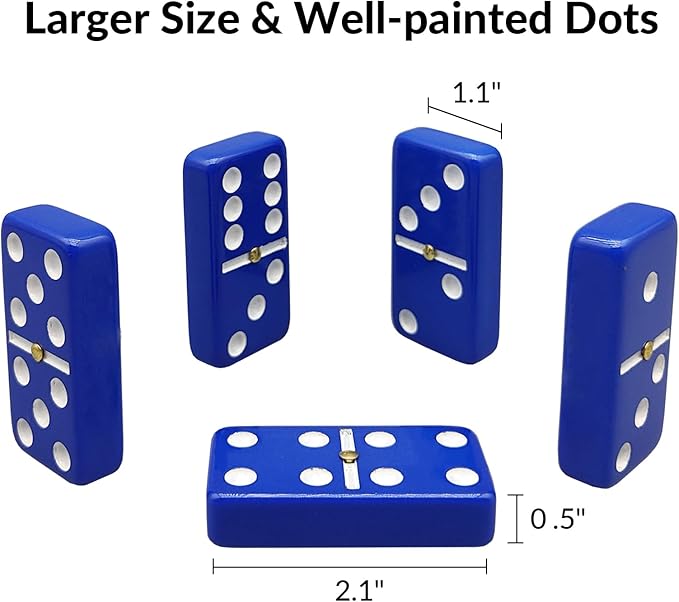 Dominoes Set for Adults with 4 Wooden Racks/Trays, Double Six Travel Portable Case 6 Tiles Holders, 28 Dominos Family Board Games - Blue