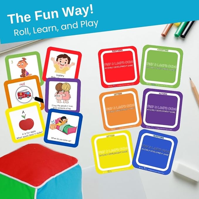 Thought-spot Play and Learn Cube roll Play Game for Toddlers 1st Learning Game Teaches Colors and Numbers Emotions Language roll Cube Pick Card and Have Fun Games