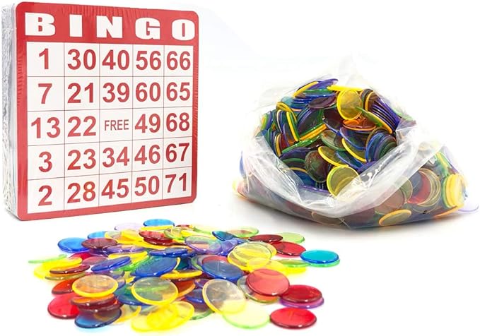 YH Poker Yuanhe Bingo Cards Game Set - Includes 100 Bingo Cards and 1000 Colorful Transparent Bingo Chips, Great for Bingo Games,Card Games, School Classroom Games,Family Gathering Activity