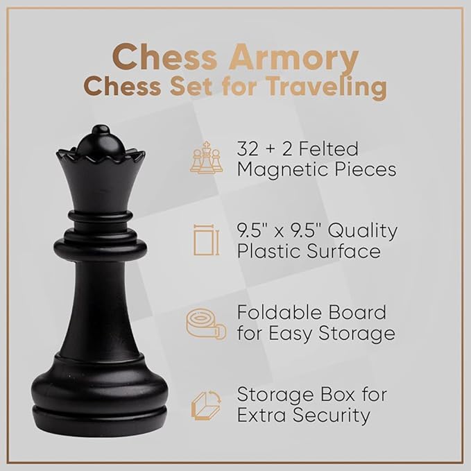 Chess Armory Magnetic 9.5 Inches Travel Chess Set - Folding Board with Storage Box & 2 Extra Queen.