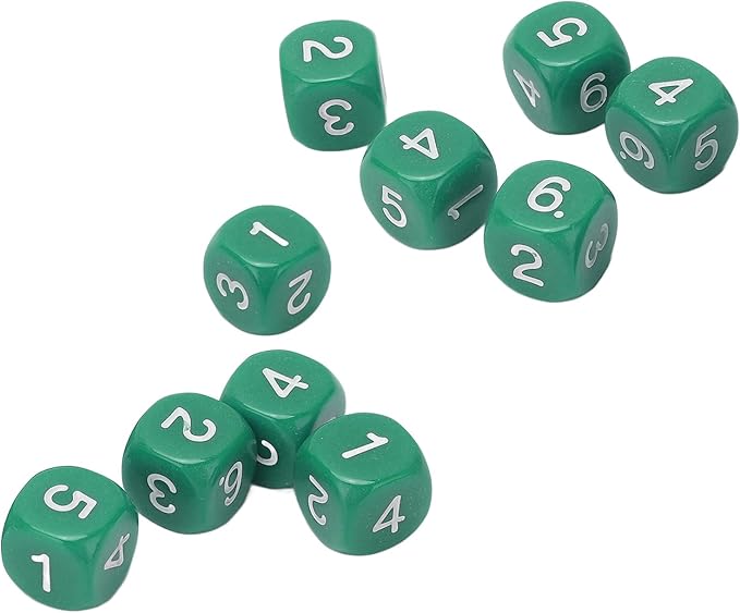 Green 6 Sided Plastic Dice Set - 20 Pieces, Rounded Corners, Number Dice for Table Games