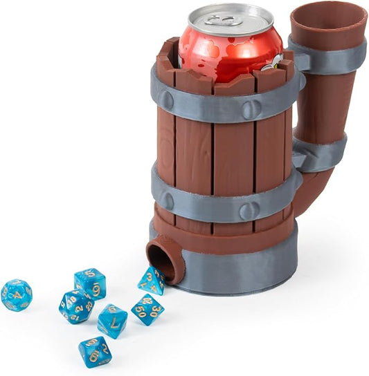 Mug Dice Tower - Dice Rolling Tower, for DND and Tabletop Games, Drink Holder, Tavern Style Board Game Roller, Comes with Random Polyhedral dice, Brown / Grey, BGRS02