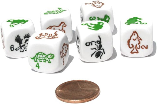 Koplow Games Set of 6 Species 16mm Dice - White with Multi-Color Etched Animals and Numbers