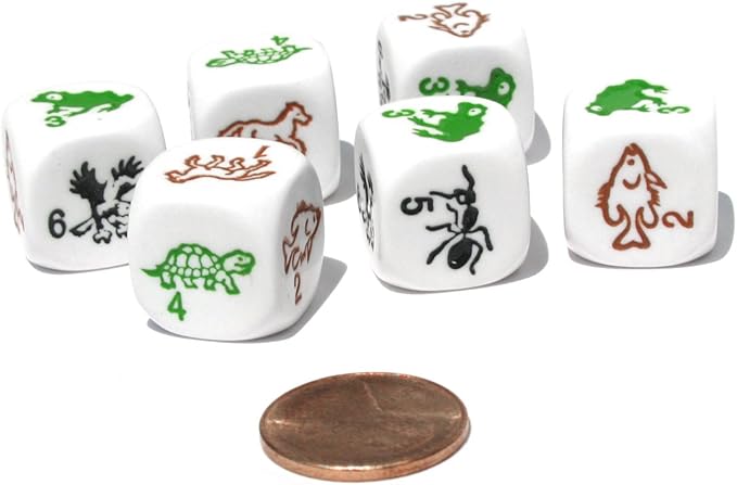 Koplow Games Set of 6 Species 16mm Dice - White with Multi-Color Etched Animals and Numbers