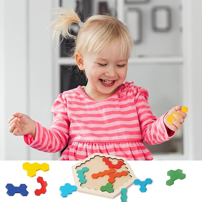 Wooden Puzzles for Kids,Brain Teaser Puzzles for Adults,STEM Montessori Educational Hexagon Puzzles Block Family Games Birthday Easter Gift for All Ages Challenge
