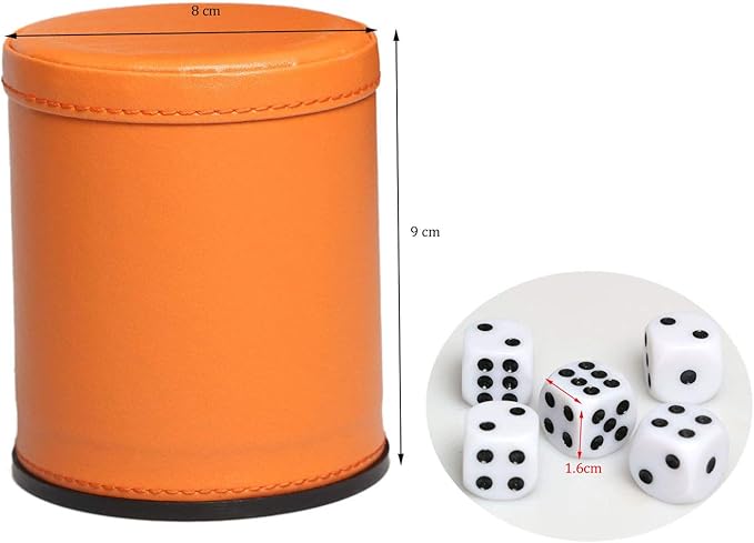 Felt Lined Dice Cup Set Orange PU Leather Dice Rolling Cup with 5 Standard Dot Dices Quiet Shaker for Farkle Yahtzee Bar Party Family Games Play