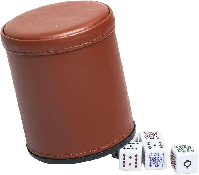 Leatherette Dice Cup with Poker Dice, Felt Lining Quiet Shaker for Playing Yahtzee/Farkle/Liars Dice,