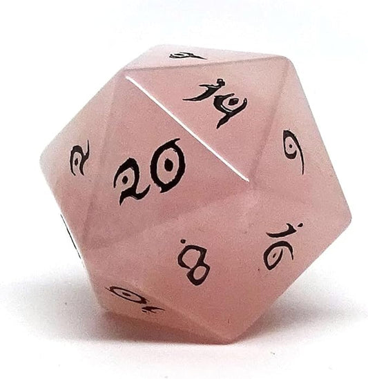 Single D20 Semi Precious Stone Dice with Elvenkind Font (Rose Quartz)