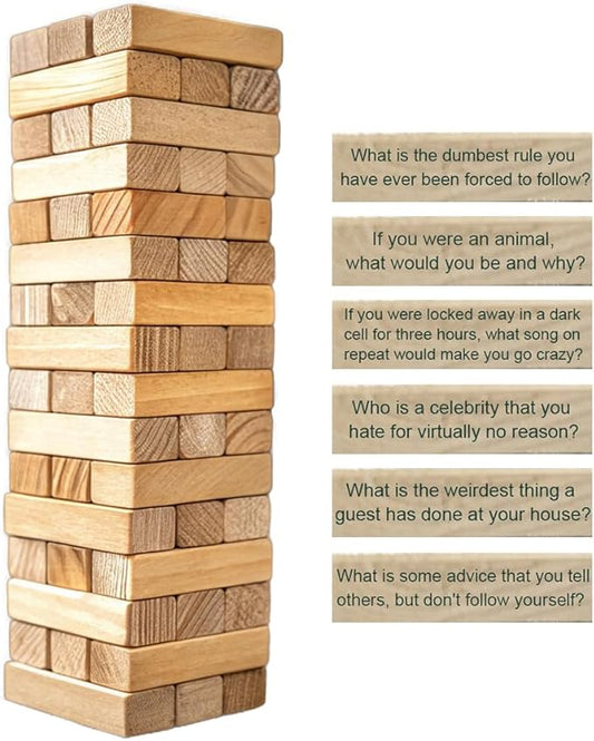 LONEA Ice Breaker Questions Wood Balance Stacking Blocks Game - Get to Know Each Other Family Night Games Tumbling Tower - Icebreaker Conversation Starters