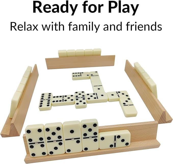 Jumbo Dominos Set for Adults with 4 Wooden Racks/Trays, Double 6 Dominoes Travel Set with Portable Case Double Six Dominoes Set with 4 Tiles Holders, 28 Tiles Dominos Set for Family Board Games
