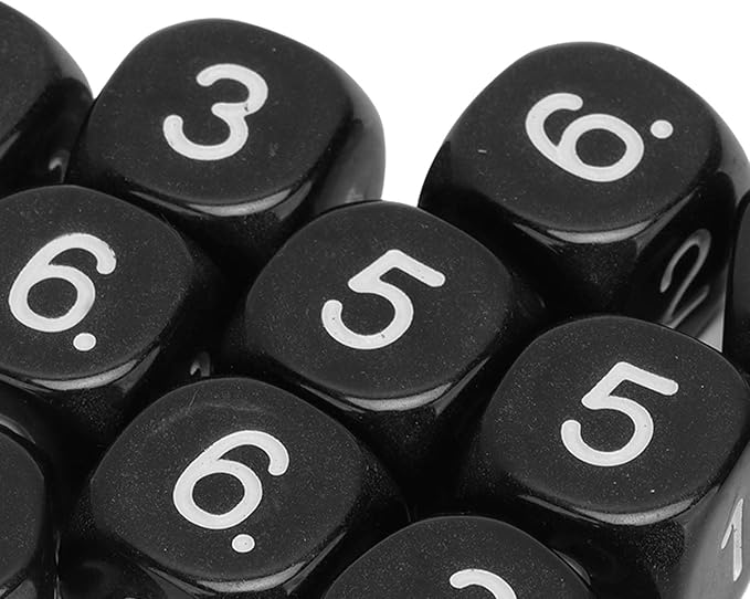 Number Dice, 20PCS Plastic 6 Sided Game Dice 16mm Round Corner Polyhedral Dice Set for Numeral Teaching Board Games (Black)