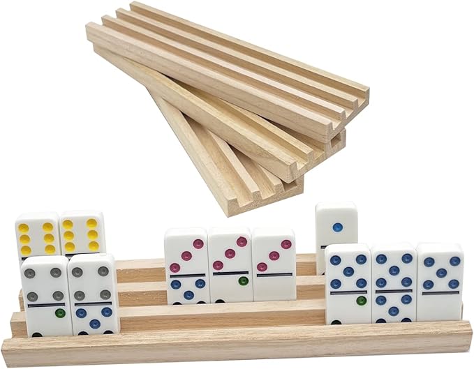 Wooden Domino Racks Set of 4 Natural Domino Trays Holders Organizer for Mexican Train Chickenfoot and Other Domino Games - Dominoes NOT Included