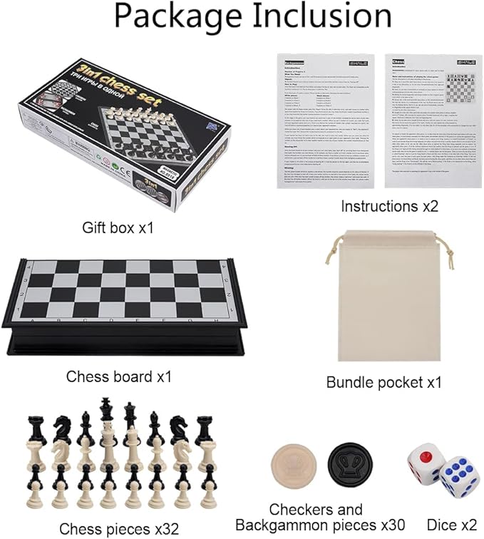 KAILE 10" Magnetic Chess Sets - 3 in 1 Travel Chess Checkers Backgammon Set with Folding Case - Portable Elastic Bag