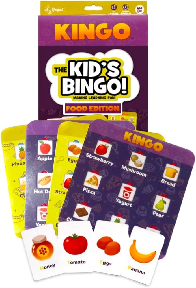 Regal Games Kingo Foods Edition Bingo Game for Kids - Fun Educational Learning for Preschool & Kindergarten - Phonics, Vocabulary Builder & Sight Word Game for Classroom & Home