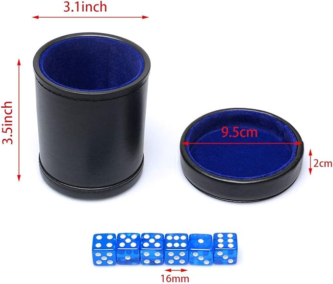PU Leather Dice Cup with Lid, Blue Velvet Interior Quiet Dice Shaker Cup Including 6 BlueTranslucent Dice for Liars Dice/Farkle/Yahtzee Games, 1 Pack