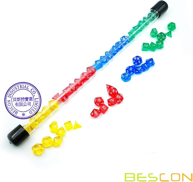 Bescon 28pcs Colorful Translucent Mini Polyhedral Dice Set in Tube, Dungeons and Dragons RPG Dice 4X7pcs,Mini Gem Dice Set