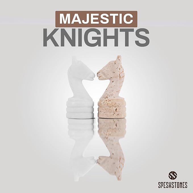 Marble Chess Pieces 3.5 Inch Travertine and White Stone Figures for Classic Chess and Checkers Board, Draughts & Travel Chess Set, Ideal Strategy Board Games for Adults & Family