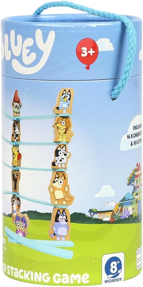 Bluey – Wooden Stacking Game – 25 Build and Balance Pieces with Characters and Sticks in a Storage Tube – FSC Certified for Children 3 Years and Up