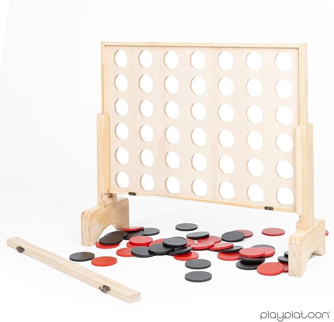 Play Platoon Giant Connect Game Outdoor, Join 4 in a Row with Coins, Case and Rules - Extra Large Yard Games for Adults and Family - Natural Wood