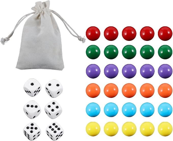 30Pcs 14MM Wahoo Board Game Replacement Marbles 6 Colors Aggravation Marbles with 6 Dices and 1 Storage Bag for Aggravation Wahoo Board Game