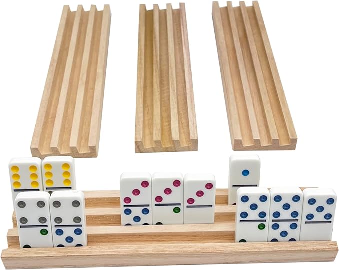 Wooden Domino Racks Set of 4 Natural Domino Trays Holders Organizer for Mexican Train Chickenfoot and Other Domino Games - Dominoes NOT Included