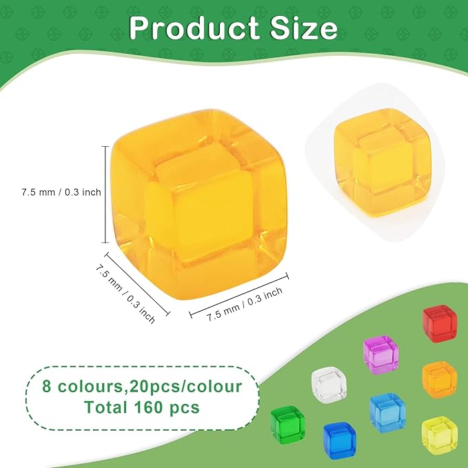160 Pcs 8 Colors Blank Dice, 7.5mm Mini Acrylic Cubes Multi-Colored Clear Dice, Assorted Color No Hole Beads for Board Games Tabletop Gaming Dices DIY Making