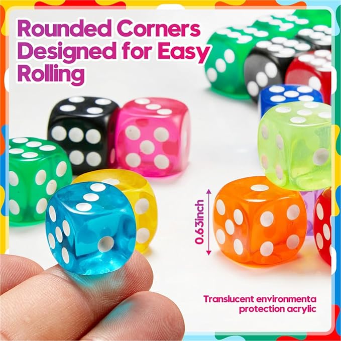 100 Pieces 16MM Colored Dice Set, Standard Bulk Colors Dices, Classroom Dice, Translucent 6 Sided Games Dice for Board Games, Parties, Classroom Math Games