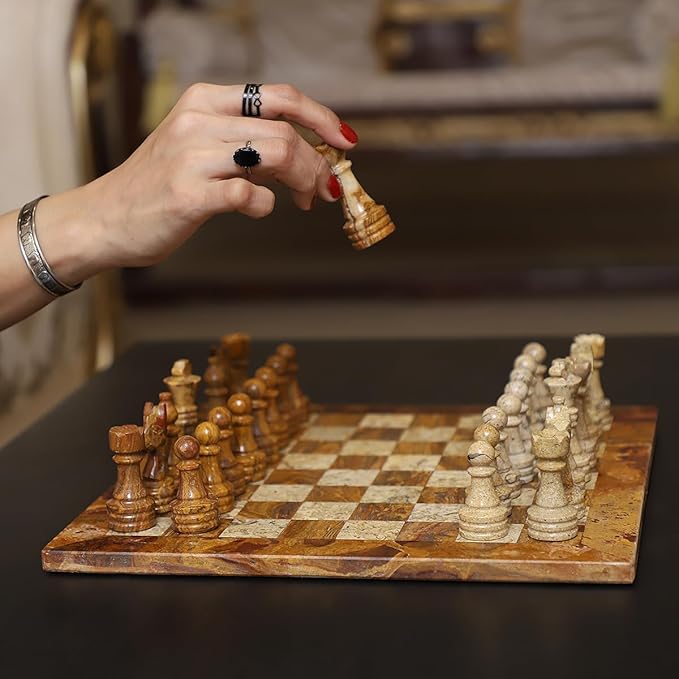 15 Inch Luxury Chess Set Classic Chess Boards for Adults with Handcrafted Stone Board & Marble Chess Pieces Ideal for Home Decor (Red & Coral)