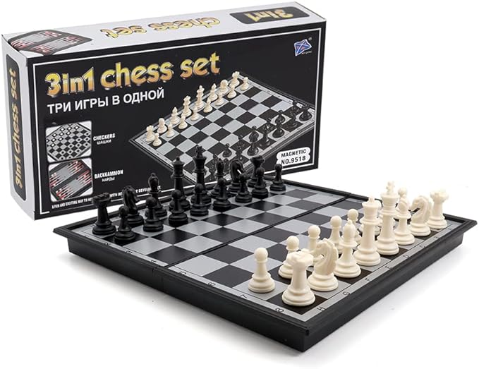 KAILE 10" Magnetic Chess Sets - 3 in 1 Travel Chess Checkers Backgammon Set with Folding Case - Portable Elastic Bag