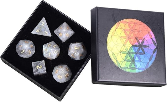 Nupuyai Healing Labradorite Stone D&D Polyhedral Dice Set with Box for Dungeons and Dragons, Set of 7 Table Top Game Dice for RPG MTG Roleplaying Collection