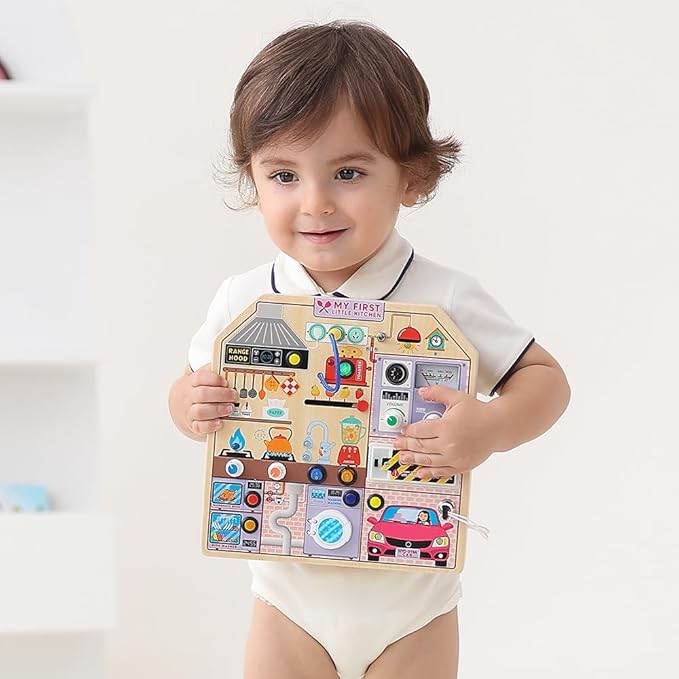 JAUNTY Kitchen Busy Board Toy for 3 4 5 Years Old, Wooden Sensory Toys Montessori 3-5 Toddler Girls Toy with Sound, Learning Kitchen Toys Great 1st First Birthday Gift for Girls Boys