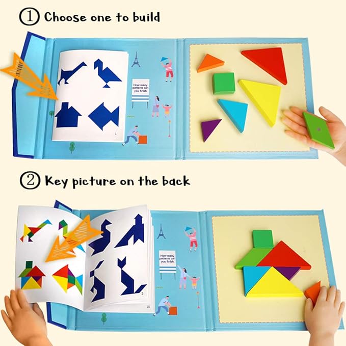 BEESTECH Wooden Tangram Puzzle Book, Travel Games for Kids in Car, Plane or Take Out for Restaurant, Educational Learning Puzzles Toys, On The Go Toys for Kids, Boys, Girls 3,4,5,6,7,8 Years Old