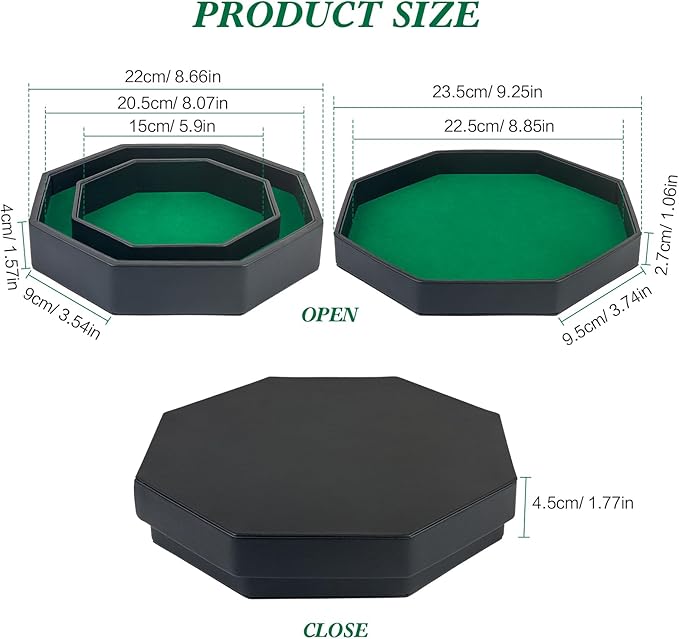 Dice Tray With Lid for Board Games, Green Felt Lined PU Leather Octagon Rolling Tray and Box Storage