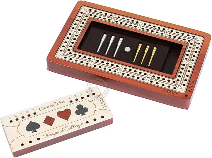 2 Track - Wooden Travel/Pocket Size Cribbage Board - 4 Inch - Inlaid in Bloodwood/Maple Wood with Storage Space for Cribbage Pegs - 60 Points - Non Continuous
