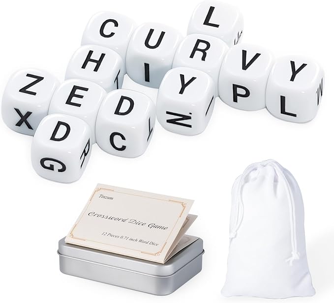 12 Pcs The Crossword Solitaire Game in White with Tin Box & Velvet Bag, Large Spelling Letter Dice Game for Adults, Travel & Game Night