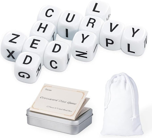 12 Pcs The Crossword Solitaire Game in White with Tin Box & Velvet Bag, Large Spelling Letter Dice Game for Adults, Travel & Game Night
