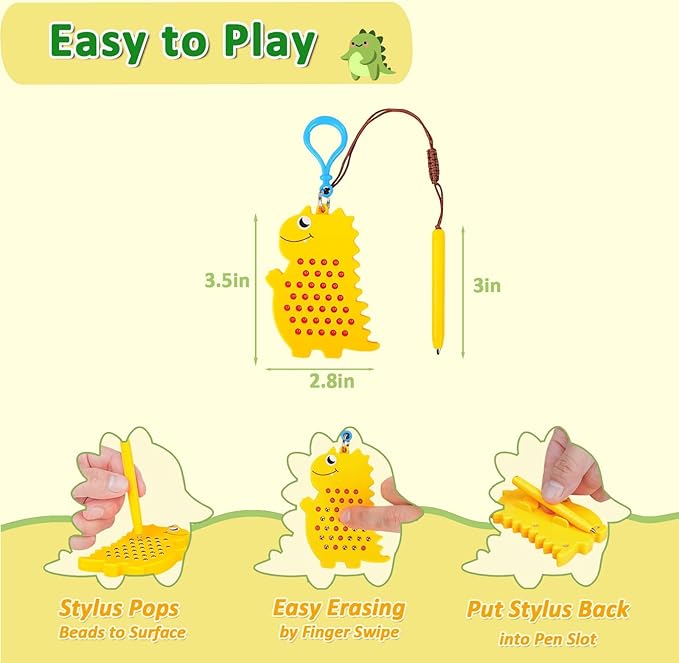 Magnetic Drawing Board for Kids Toddlers with Beads and Magnet Stylus Pen - Keychains Magnetic Dot Art Airplane & Car Ride Road Trip Activities Travel Toys for Kids (Yellow Dinosaur)