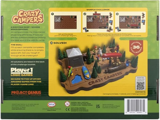 Crazy Campers Logic Puzzle Game – 36 Single-Player Challenges, Kids & Adults, Difficulty Easy to Expert, Travel-Friendly, Brain-Building Fun, Ages 8+
