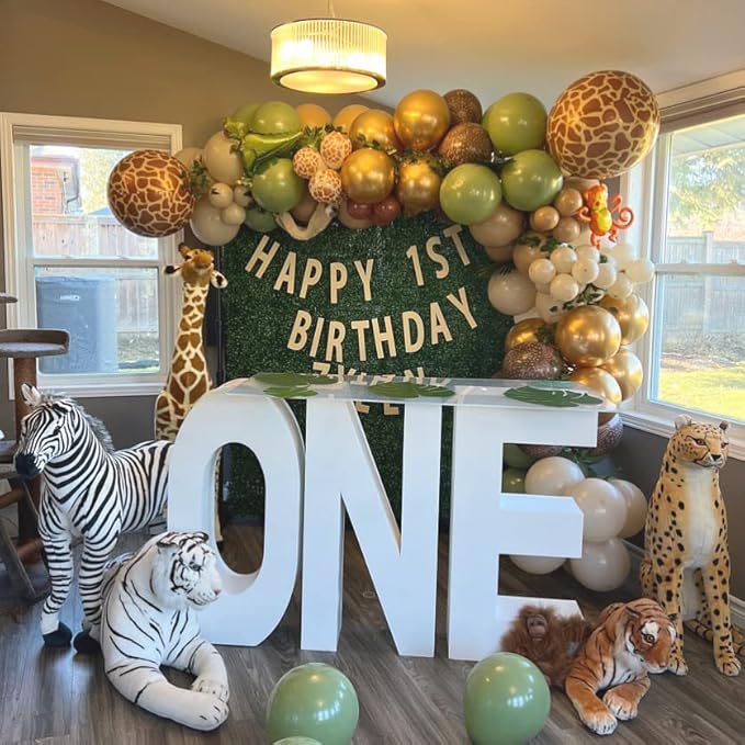 Safari Jungle Balloons Kit, 50pcs Sage Green White Sand Gold Balloons with Animal Print Balloons for Wild One Tropical Party Supplies Olive for Boy First Bithday Baby Shower Jungle Theme Party