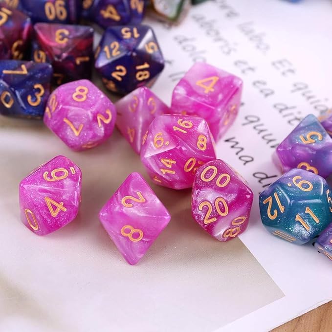 7Pcs/Set Purple Dichromatic D4 D6 D8 D10 D12 D20 Polyhedral Dices Numbers Dials Desktop Board Game Dice Bags with Drawstring Role Playing Dice Dice and Accessories