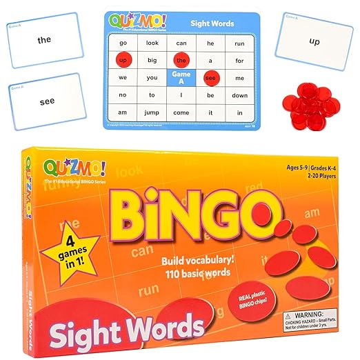 QUIZMO Sight Words - Bingo-Style Vocabulary Game - 4 Levels of Difficulty for Ages 5-9 - Teach Basic Reading and Writing Skills